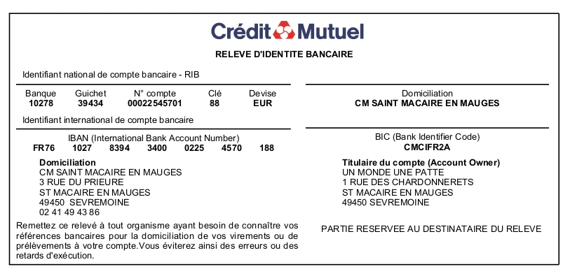 Relevé d'identité bancaire - Un Monde Une Patte